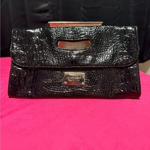 Nine West Glossy Black Croc-Texture Clutch